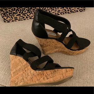 Steve Madden Camdyn Black Strappy Wedge Cork Heel